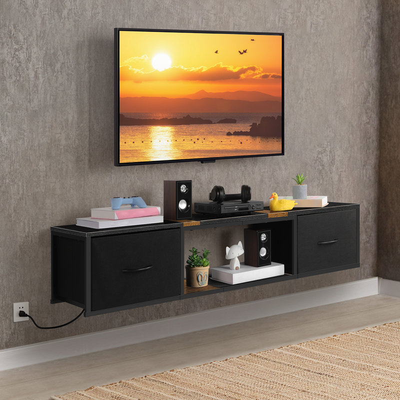 Meuble télé flottant avec prise de courant et centre de divertissement mural noir avec tiroirs de rangement pour téléviseur de 55 po ou moins