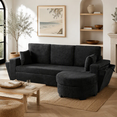 Canapé modulaire en chenille de 94 po à 3 places 94 po avec repose-pieds, charge USB et porte-gobelets pour le salon, noir