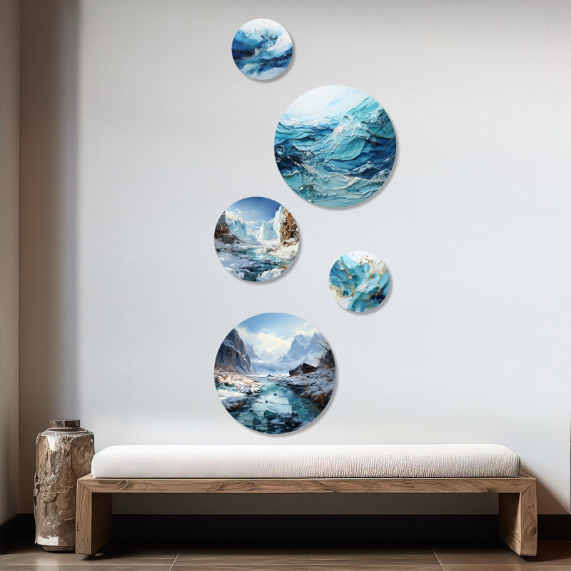 «Island Glacier Charm in Winter» - ensemble d'art mural rond 5 pièces Glacier Glacier