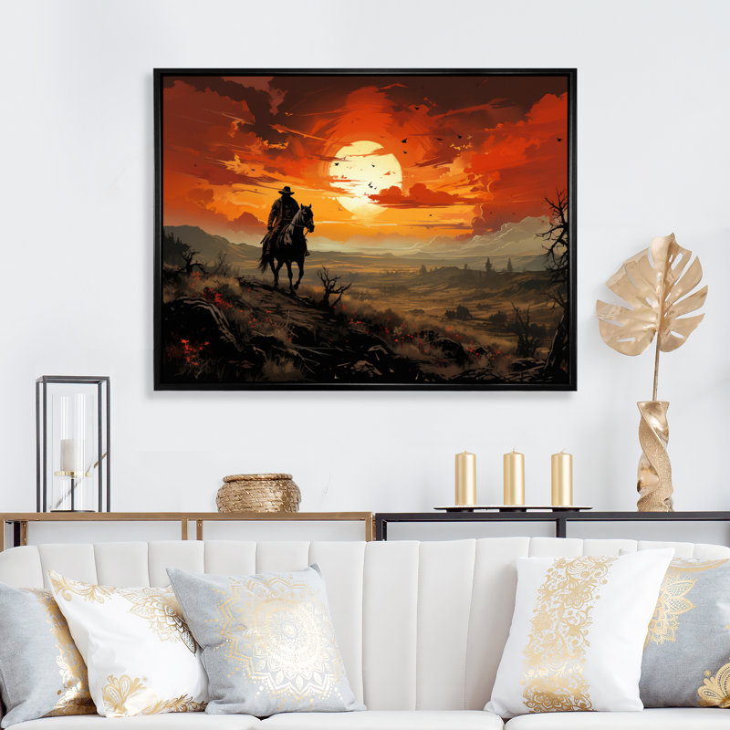 «Cowboy Riding Into The I», reproduction d'art sur toile, H 30 po x l 40 po, Cadre flottant noir