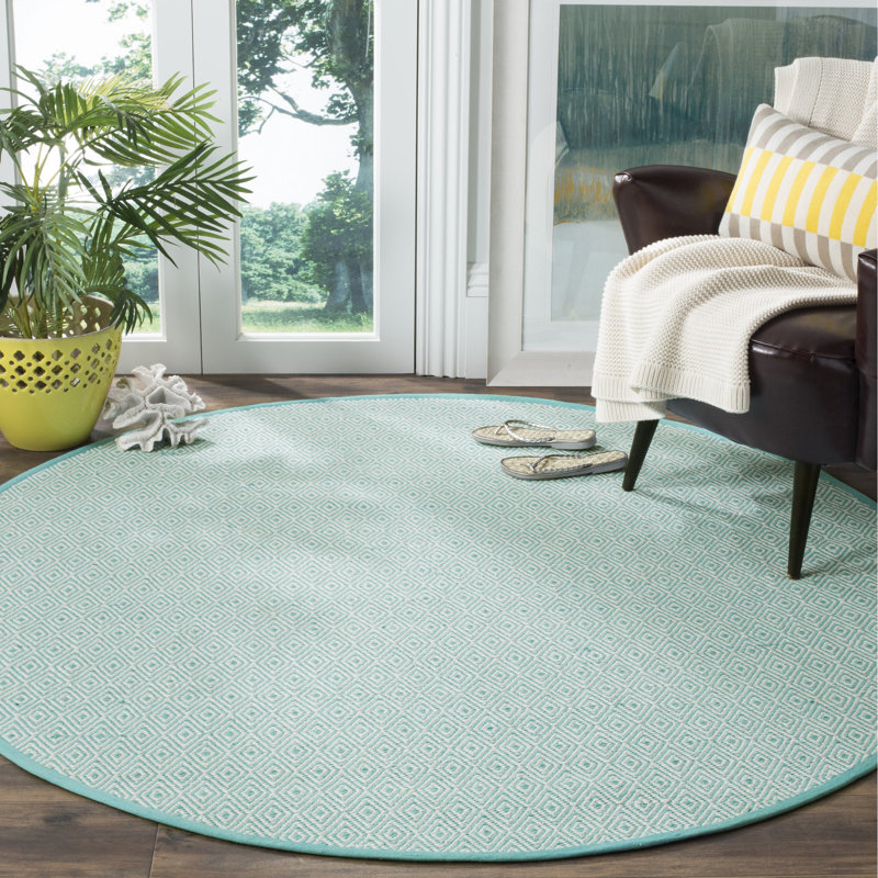 Tapis ivoire / turquoise en coton tissé à plat à la main Dryden, Rond 6 pi