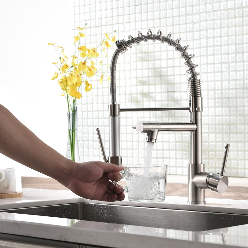 Robinet d'évier de cuisine avec robinet rétractable en nickel brossé, levier simple, robinet en nickel de longue durée de vie, bec arqué
