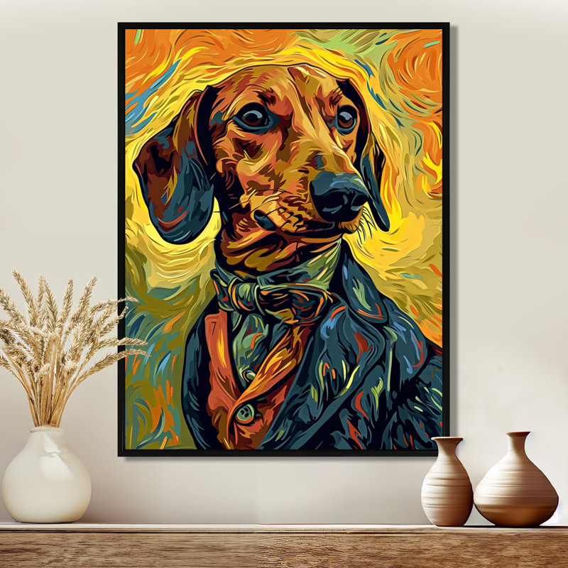 Teckel élégant en costume élégant - reproduction d'art mural chien, H 20 po x l 12 po x P 1 po, Toile avec cadre noir