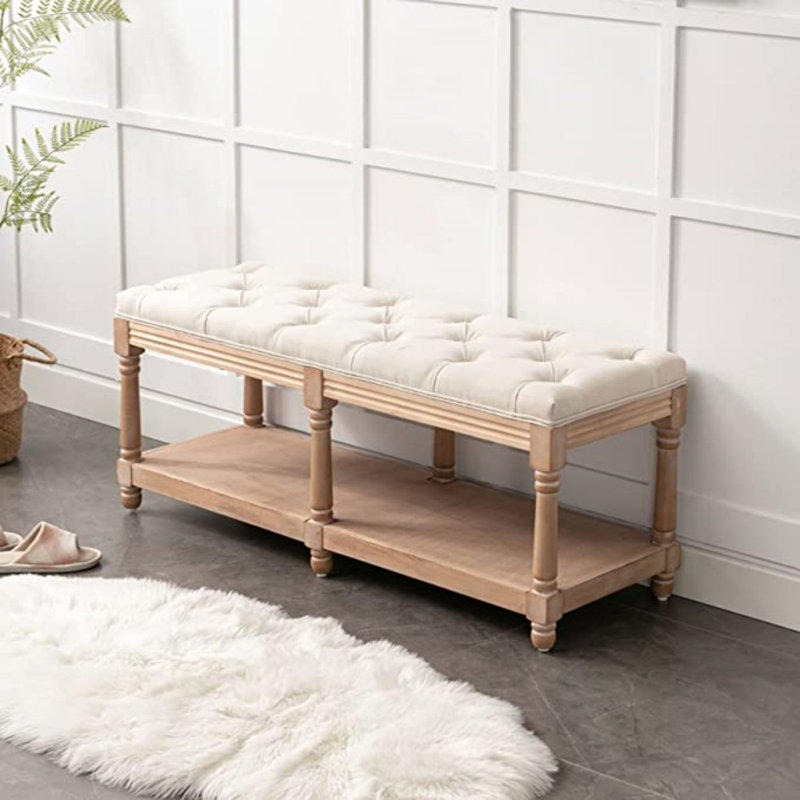 Banc de 47 po de large pour hall d'entrée rembourré avec coussin touffeté et tablette de rangement, beige