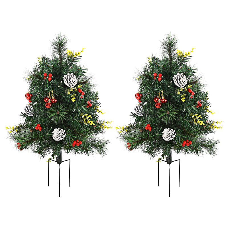 Paquet de 2 sapins de Noël artificiels d'extérieur sans cordon avec 24 lumières et piquets