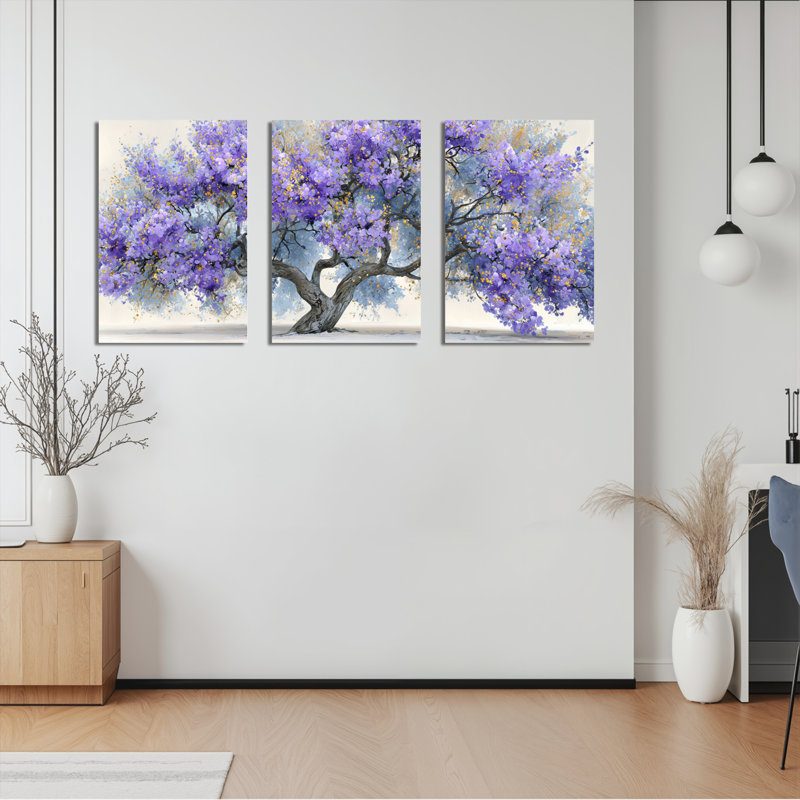 Ensemble de 3 tableaux sur toile représentant un arbre en fleurs violettes, pour la décoration du salon, H 36 po x l 72 po