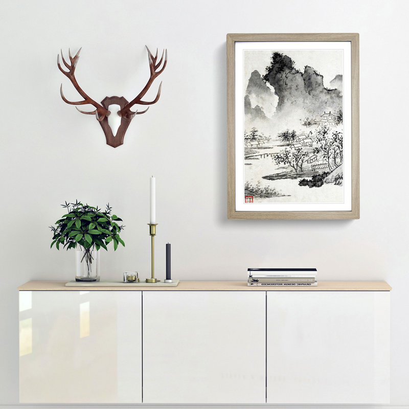 Tress & Mountains by Wen Zhengming - Framed Print, 48cm H x 36cm W x 2cm D, Oak Framed