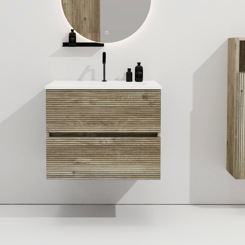 Meuble-lavabo mural de 61 cm (24 po) en chêne brut avec lavabo en céramique intégrée, grand espace de rangement suspendu pour salle de bain moderne, glissières à fermeture douce et silencieuse, 20 % d'espace de rangement supplémentaire, design élégant des poignées, panneaux E1 en plus
