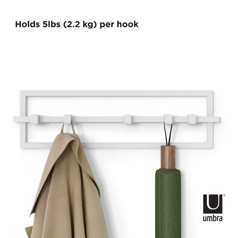 White Steel Wall-Mounted Hook Rail with 5 Adjustable Hooks
