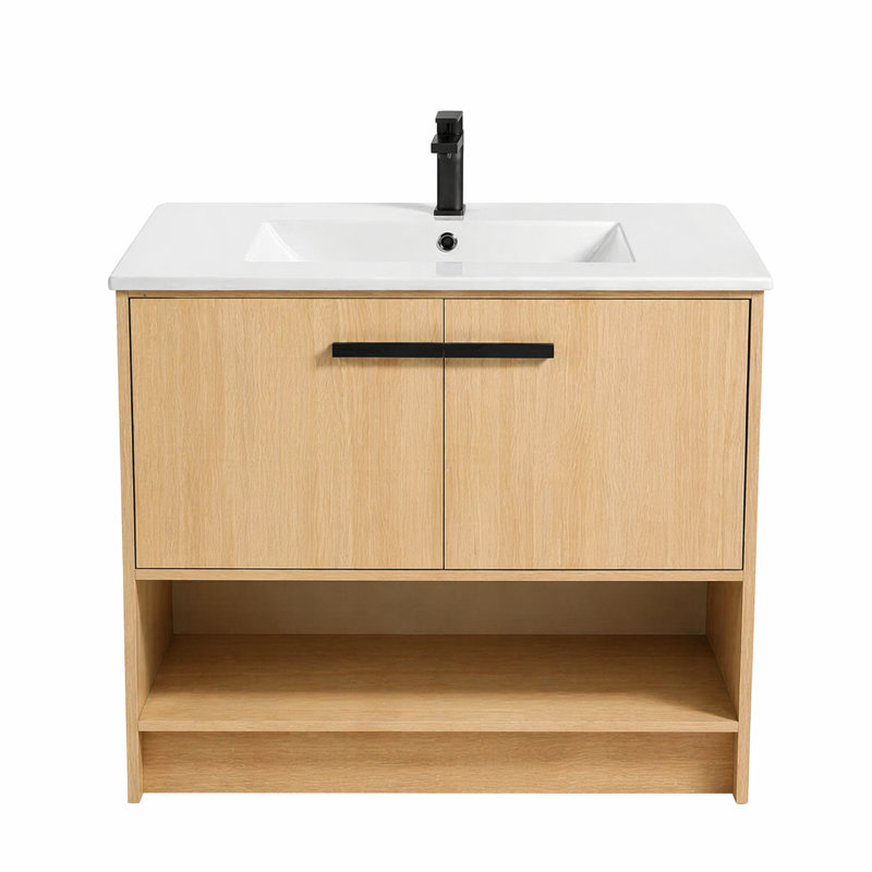 Meuble-lavabo autoportant de 36 pouces avec lavabo en céramique, 2 portes à fermeture douce et tablette ouverte, armoire de rangement en contreplaqué de chêne pour salle de bain, salle d'eau