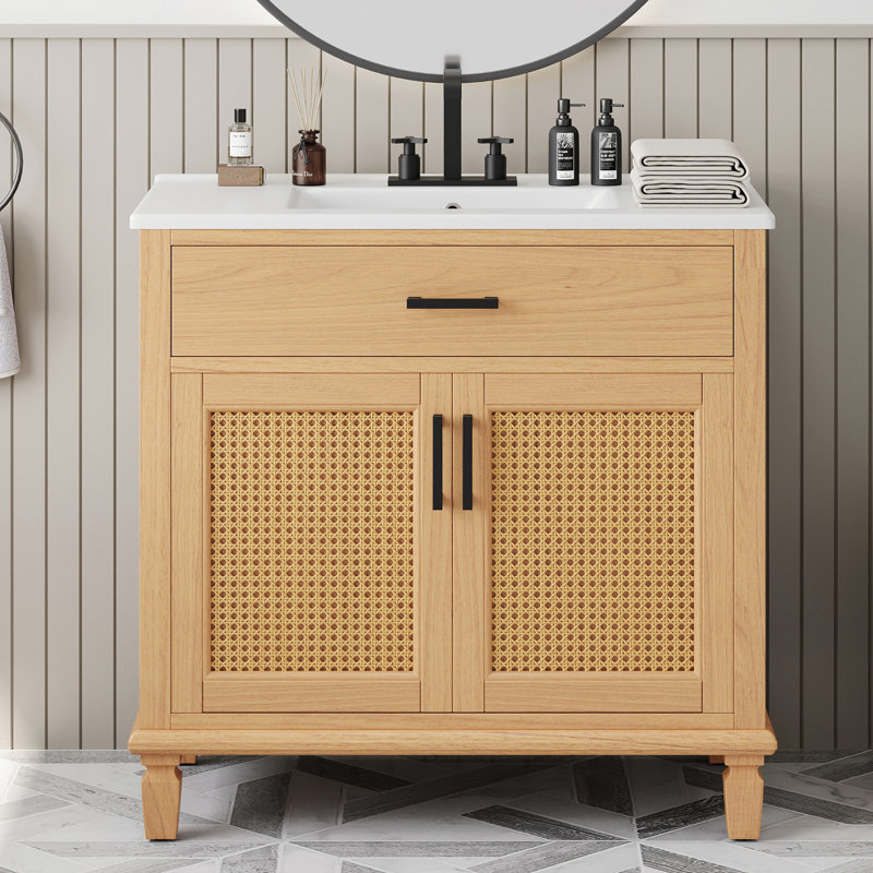 Meuble-lavabo en rotin avec lavabo en céramique, Naturel