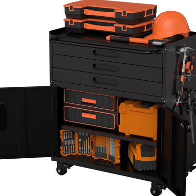 34.3" Rolling Tool Cabinet, All - In One Workbench Organizer With Adjustable Shelf, Silent Drawer Slides, And Perforated Side Panels For Home Heavy Duty Cabinet Workshop, Featuring 3 Drawers, 2
