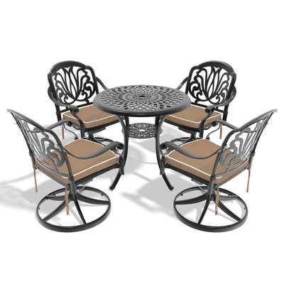 Ensemble de bar de salle à manger 5 pièces en fonte d'aluminium toutes saisons, comprenant 4 chaises pivotantes et une table ronde de 30,71 po avec structure noire (même référence: W1710S00431)