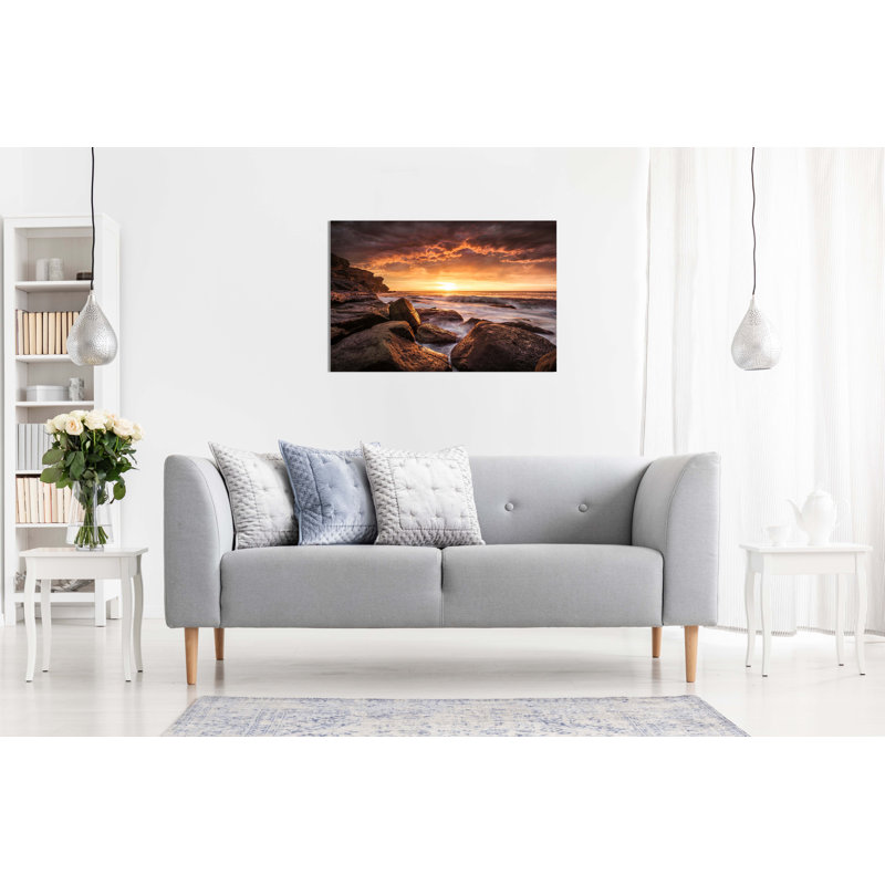 Sunrise Rocks Beach Waves Seascape - Wrapped Canvas Print, 41cm H x 61cm W x 3cm D
