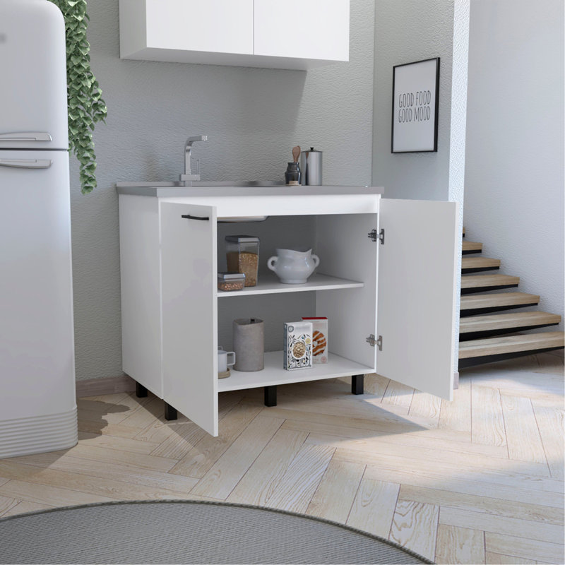 Évier utilitaire 2 avec armoire Napoles, comptoir en acier inoxydable, tablette intérieure blanche