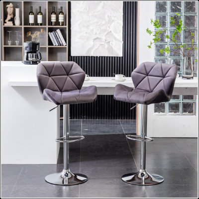 Breni Velvet Diamond Tufted Swivel Adjustable Height Barstool, Set of 2