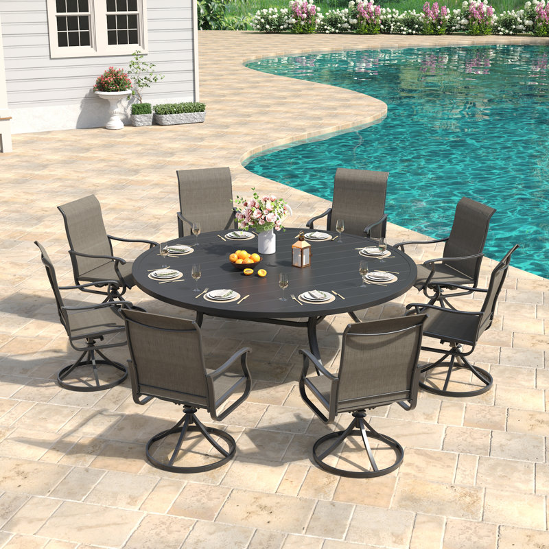 Ensemble de salle à manger 8 personnes avec table ronde 63 "et 8 chaises pivotantes en PVC-coated polyester Orlando