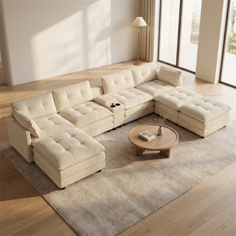 Canapé modulaire en forme de U de 154 pouces avec repose-pieds et canapé en velours côtelé avec port USB dans la console centrale