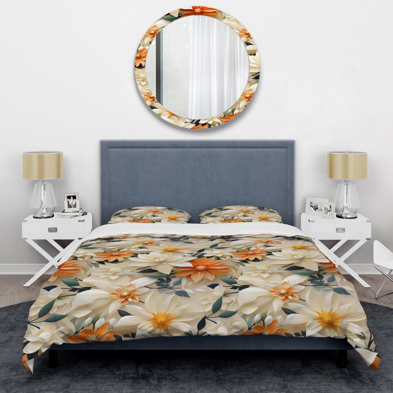 Ensemble de housse de couette à motif floral blanc et beige Dahlia Floral II