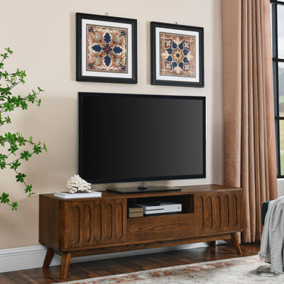 Meuble télé avec rangement pour téléviseur de 50 à 59 pouces, style Mid-Century moderne. Console en bois, salon, appartement, bureau. 1 tiroir et 2 portes, pied solide, support de 65 pouces à finition noyer, cannelé moderne.