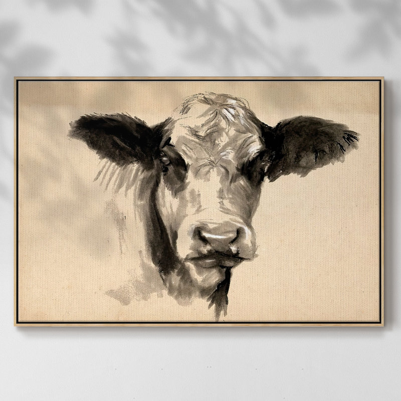 Vache gris anthracite II, Cadre en bois naturel, H 25 po x l 37 po x P 2 po