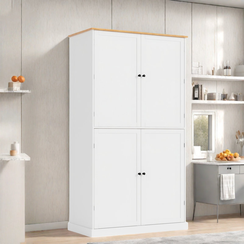 Garde-manger avec 2 tiroirs intégrés, 2 tablettes réglables, 8 tablettes de porte et 1 armoire de rangement, Blanc