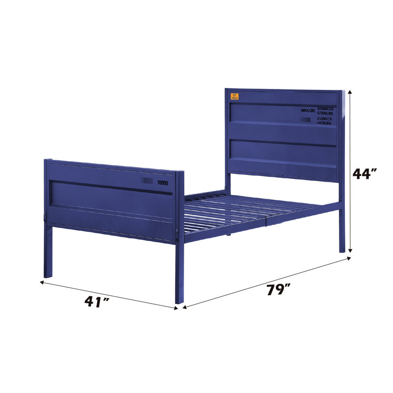 Lit simple avec finition bleu fret, structure en métal, conception de panneaux rectangulaires, panneaux encastrés, look de contenant, 21 lattes, aucun sommier nécessaire, pieds à profil bas, pieds, plaque de fer 25 x 50 mm, charge de 330 lb