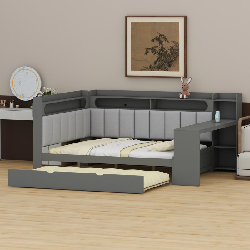 Station de couchage moderne convertible avec espace de travail intégré, plateforme de couchage supplémentaire, ports de chargement pour appareils, DEL personnalisables et support dorsal rembourré