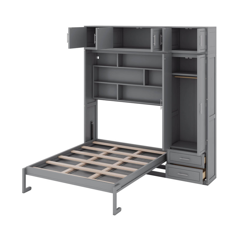 Grand lit escamotable mural avec armoire supérieure, tablettes et garde-robe, lit pliable peu encombrant, gris
