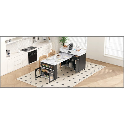 Table de salle à manger extensible avec plateau pliable extra-long, îlot de cuisine roulant avec tiroirs, prise de courant et verrou de frein, armoire de rangement pour la cuisine et la salle à manger (noir et blanc marbré)