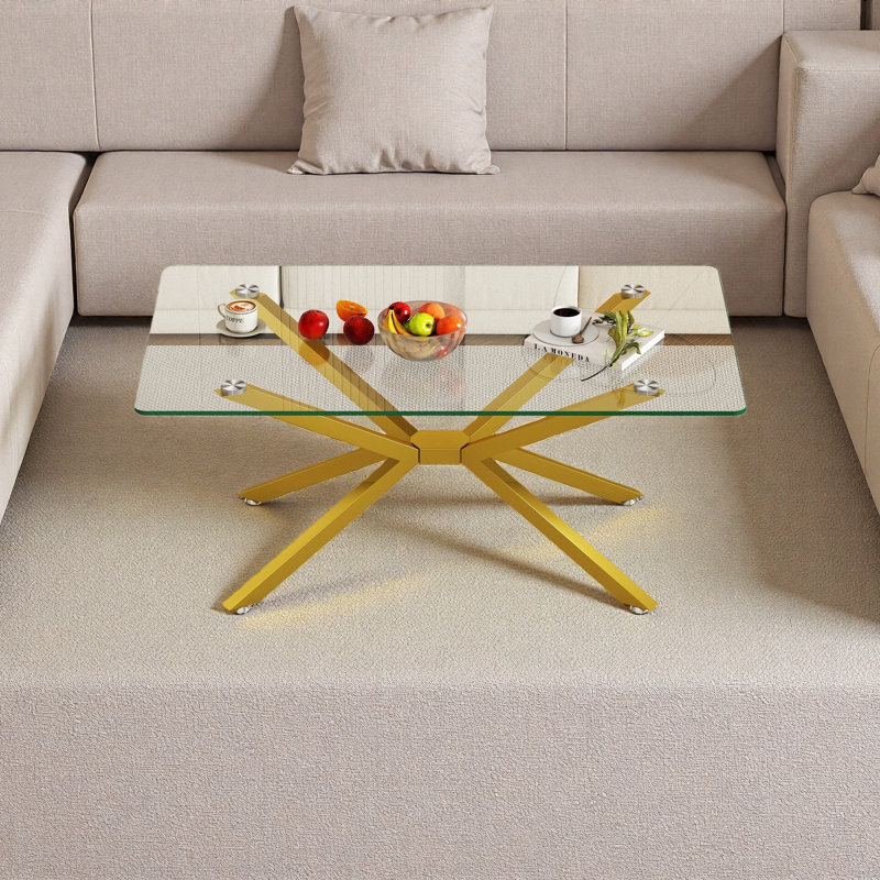Table basse de 39,37 po rectangulaire en verre trempé, conception élégante avec pieds en métal, table basse pour le salon
