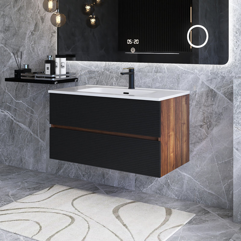Grand meuble-lavabo de rangement mural moderne noir et noyer pré-assemblé avec lavabo en céramique intégré