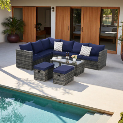 6 Piece Outdoor Patio Furniture Set, All Weather Wicker Rattan Outdoor Sofa Conversation Set With Glass Table, Cushions And Pillows, For Lawn, Garden, Backyard