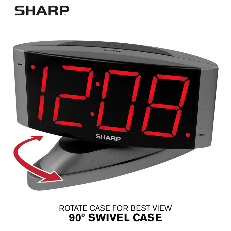 Sharp LED Digital Alarm Clock, Red LED Display, Swivel Base, Gray