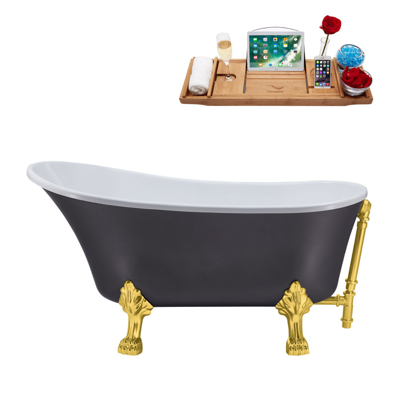 55" Streamline Clawfoot Soaking Acrylic Bathtub With Drain, Clawfeet, and Bamboo Tray, Polished Gold, Polished Gold