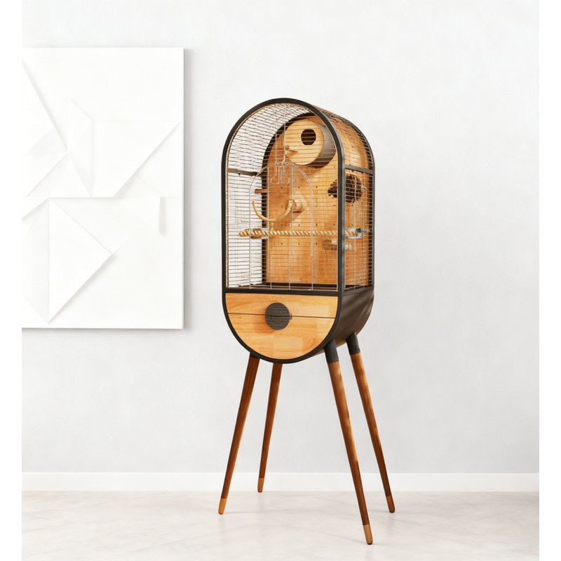 Minimalist Home Wooden Wire Bird Cage, Tall Freestanding Cockatiel Budgie Cage with Play Perch Inside