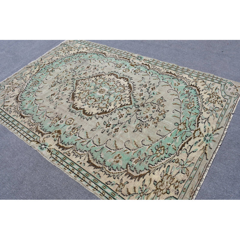 Grand tapis turc rétro vert élégant idéal pour rehausser l'élégance de la salle à manger et de la chambre à coucher