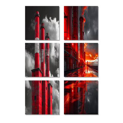Monochromes rouge et gris Power Surge Power Plant - Power Plants, ensemble d'art mural de 6
