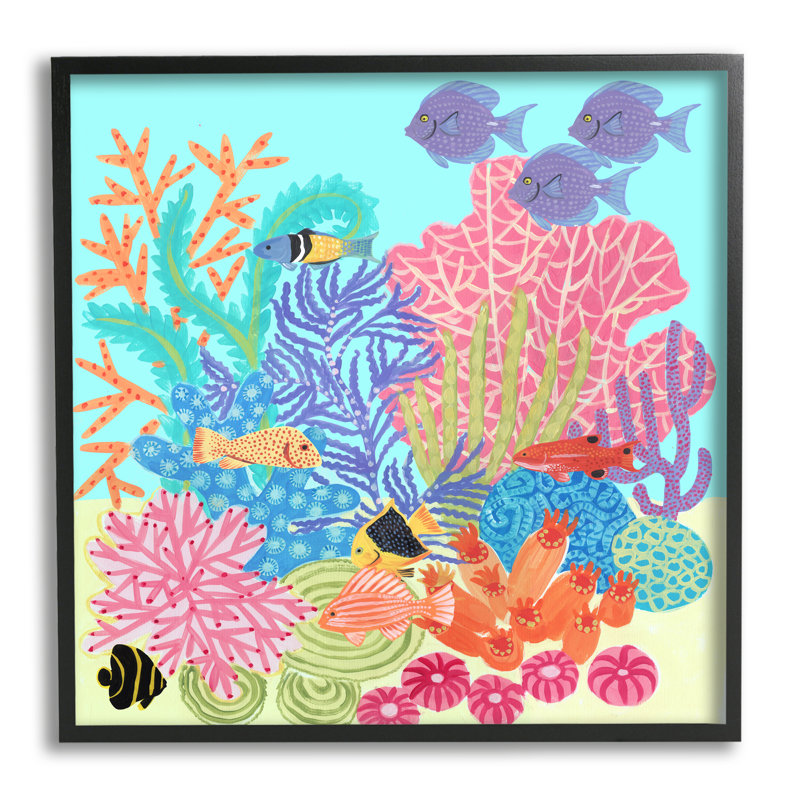 " Bold Coral Reef Underwater Patterned Fish Shapes ", 12" H x 12" W x 1.5" D, Midnight Black Framed Giclee