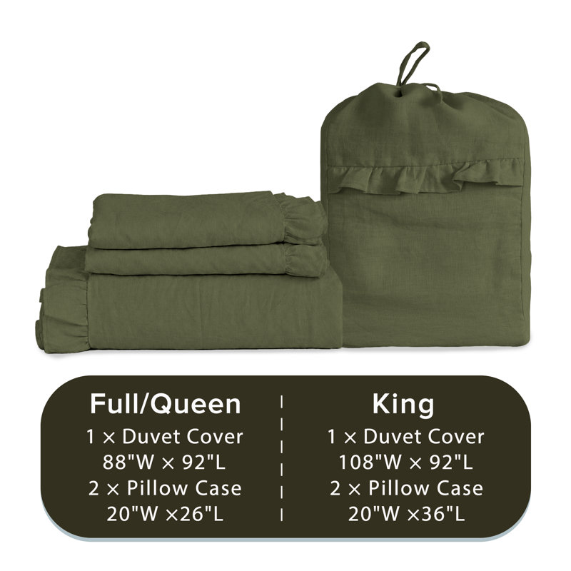 Ensemble de housse de couette 100% lin Clara, Très grand lit, Vert olive