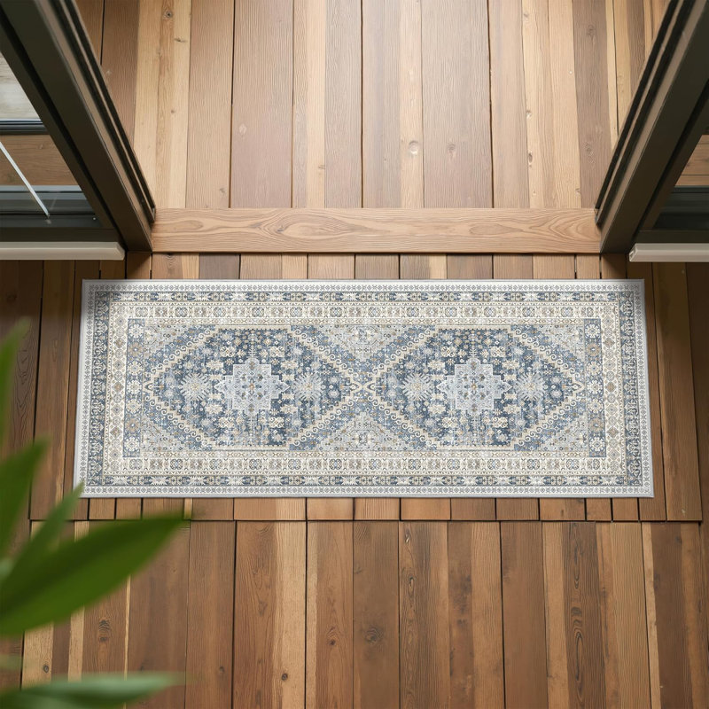 Tapis de cuisine antidérapant lavable, Bleu / Beige, Tapis de couloir 2 pi x 6 pi