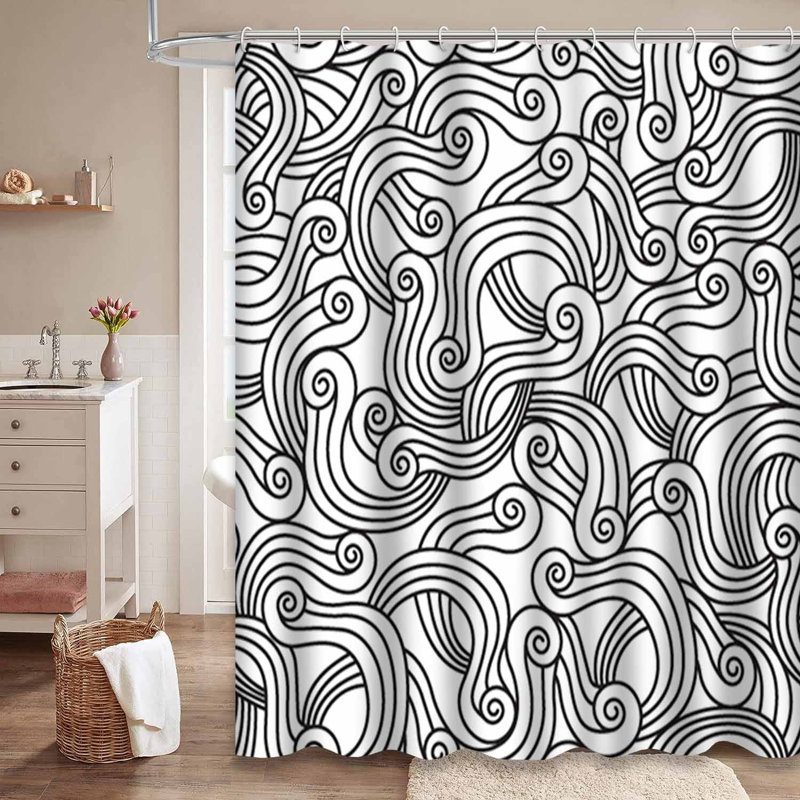 Rideau de douche noir et blanc avec 12 crochets, L 72 po x l 84 po