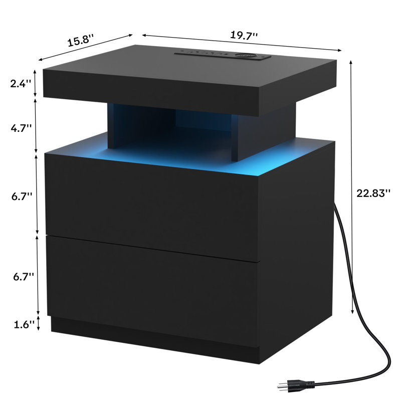 Brenard Manufactured Wood Nightstand with Wireless Charging Station, LED Light and 2 Drawers, Black