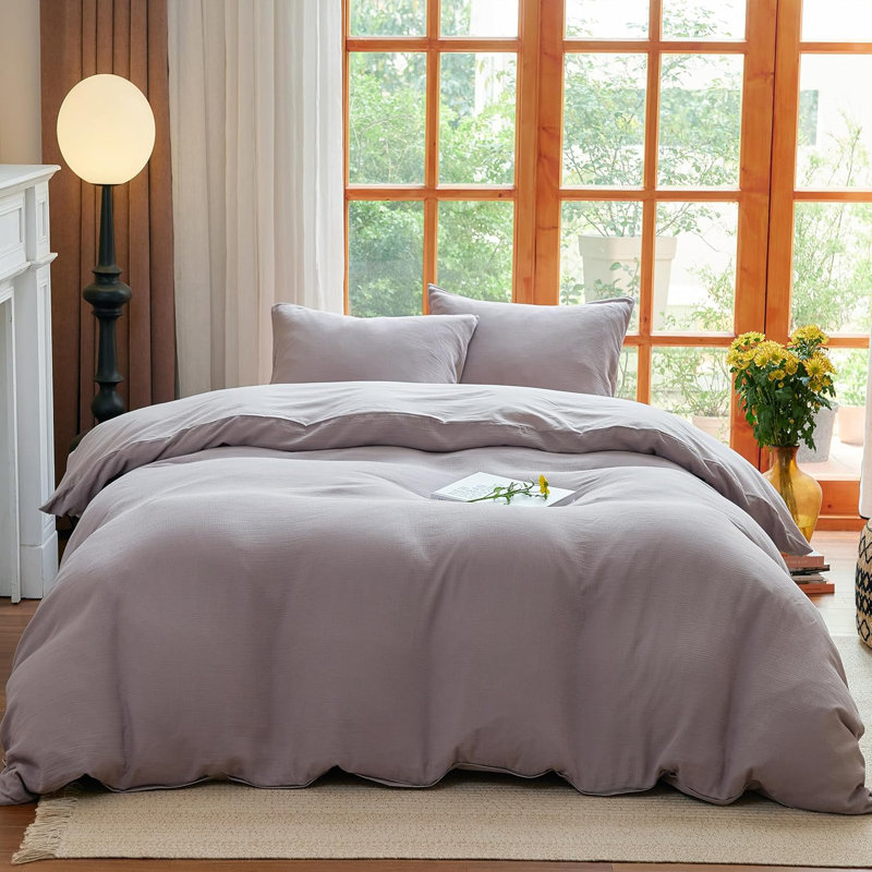 Ensemble de housse de couette en mousseline 100% coton lavé pour toutes les saisons, Gris, café