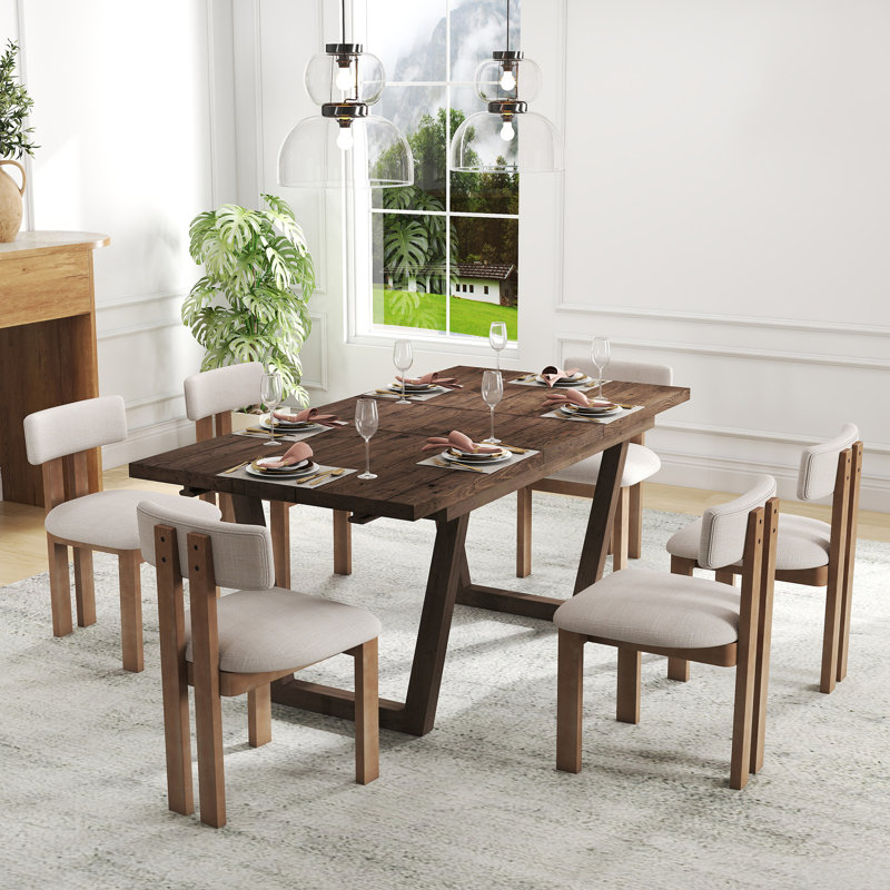Dining Set Mid-Century Modern Wooden Table & Upholstered Chair Set For Home, Kitchen, Dining Room, Coffee