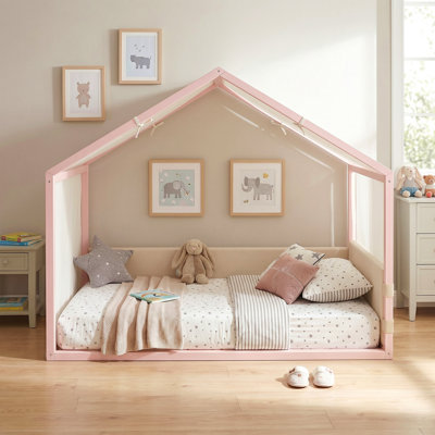 Lit à baldaquin simple avec panneaux latéraux rembourrés en velours, baldaquin en lin respirant, cadre de lit plateforme à rembourrage doux, lit moderne à assemblage facile pour la chambre à coucher, chambre d'amis