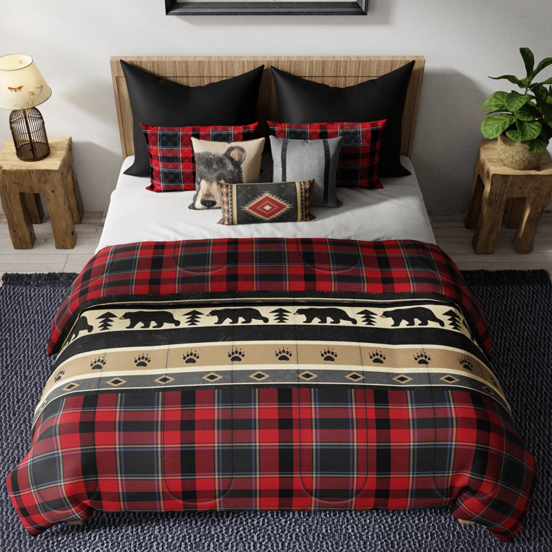 Queen Red Plaid Microfiber Reversible Comforter Set