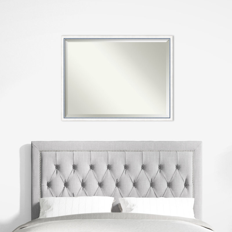 Solid Wood Wall Mirror, White/Blue, Rectangle, 32.25" x 42.25"