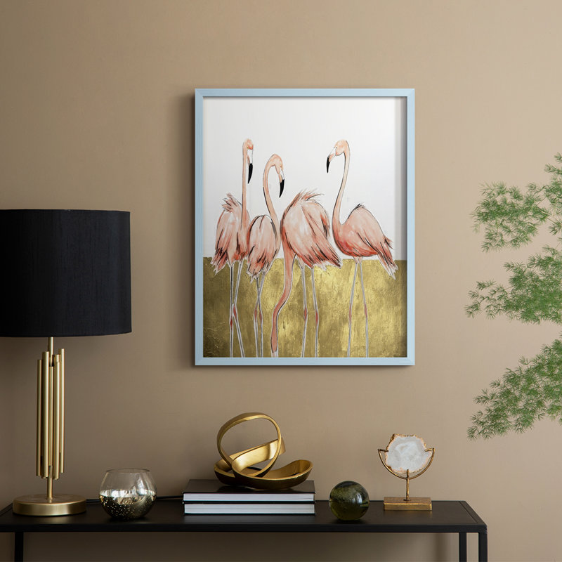 Flamant rose I, reproduction encadrée - bois massif, H 30 po x l 24 po, Bleu