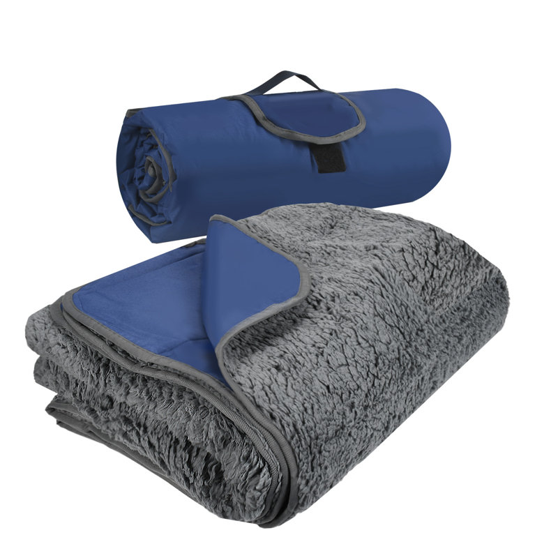 Navy Blue and Gray Waterproof Sherpa Fleece Throw Blanket